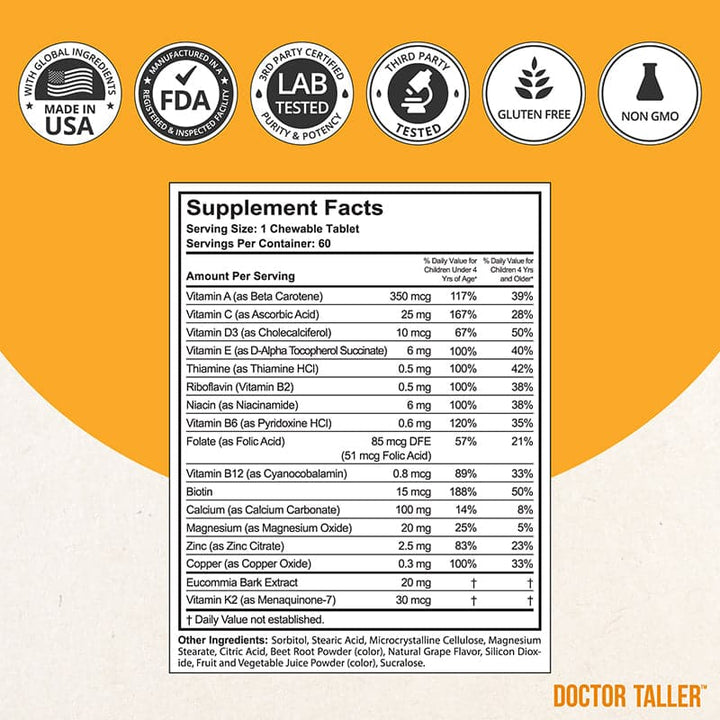 Doctor Taller Kids, Grape Multivitamins, Ages 2-9, 60 Vegan Chewables - NuBest Nutrition®