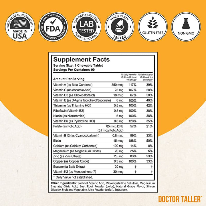 Doctor Taller Kids, Grape Multivitamins, Ages 2-9, 90 Vegan Chewables - NuBest Nutrition®